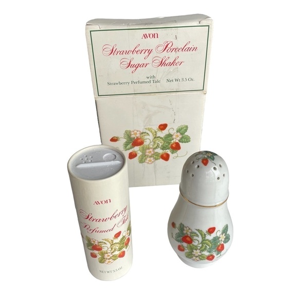 Avon Strawberry Porcelain 22k Sugar Shaker Perfumed Talc Complete Set 1978 - Picture 1 of 12